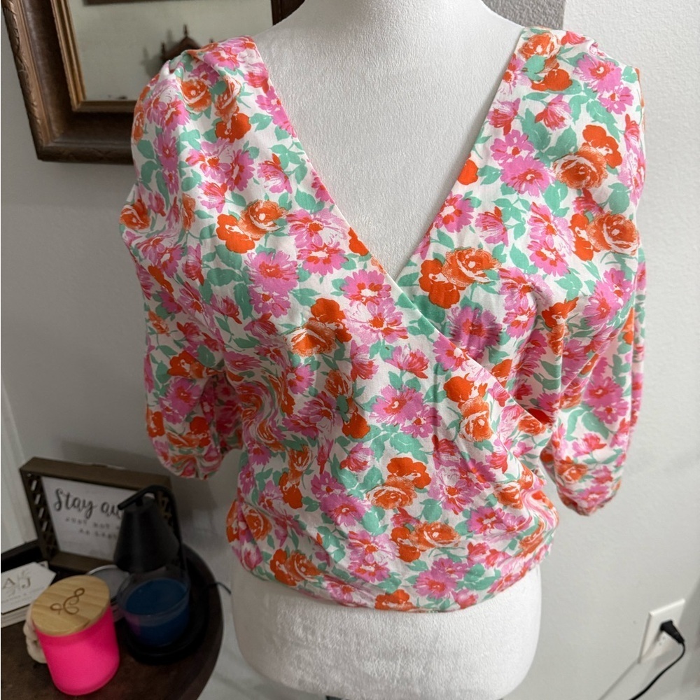 ASOS Floral V-Neck Blouse - Pink, Orange, Green